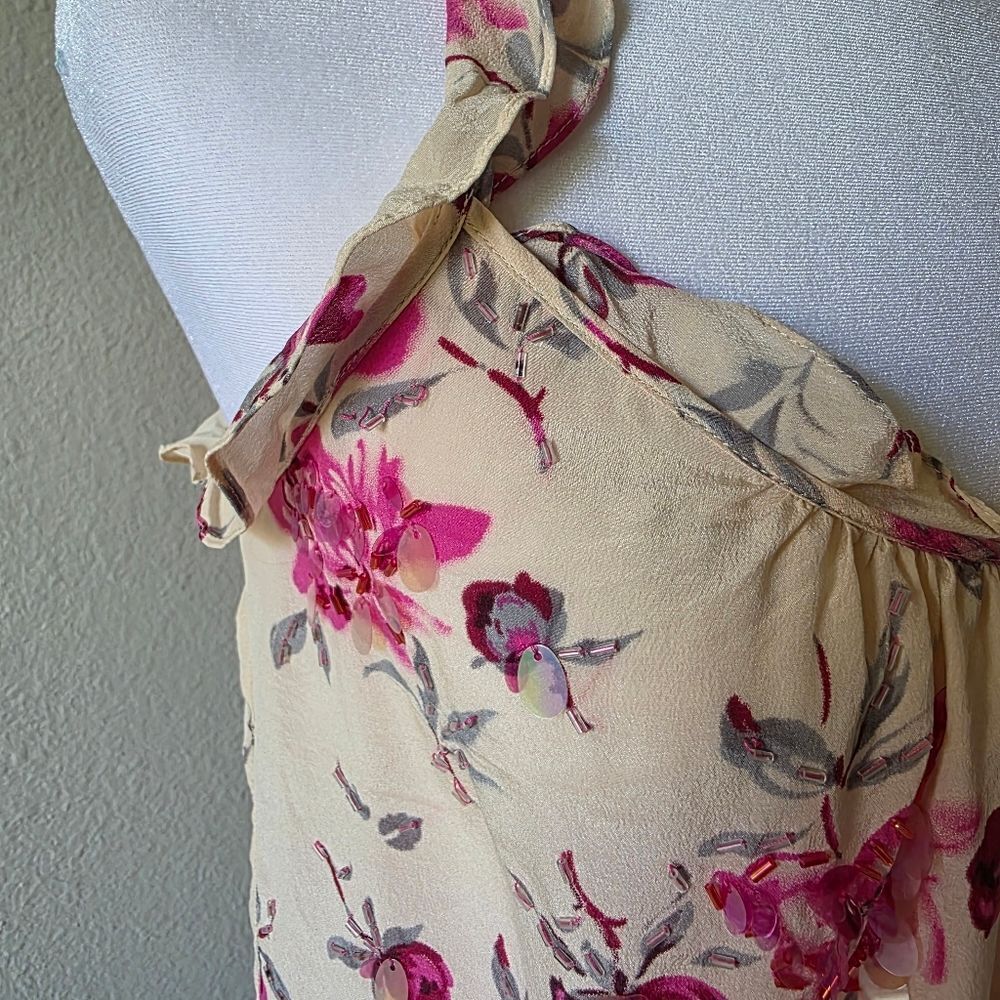 Rebecca Taylor 100% Silk Rose Garden Pink Sequin Beaded Ruffle Blouse Size 2 - Picture 8 of 9